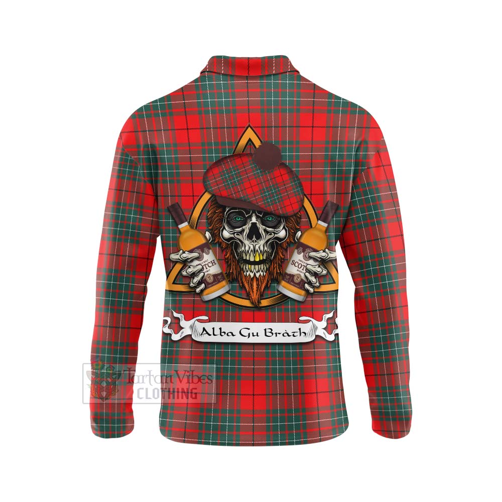 Tartan Vibes Clothing Cheyne Tartan Long Sleeve Polo Shirt with Family Crest and Bearded Skull Holding Bottles of Whiskey