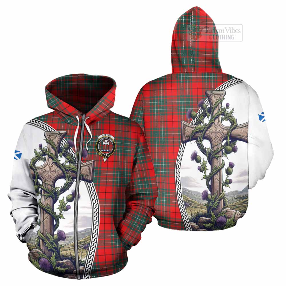 Tartan Vibes Clothing Cheyne Tartan Hoodie with Family Crest and St. Andrew's Cross Accented by Thistle Vines