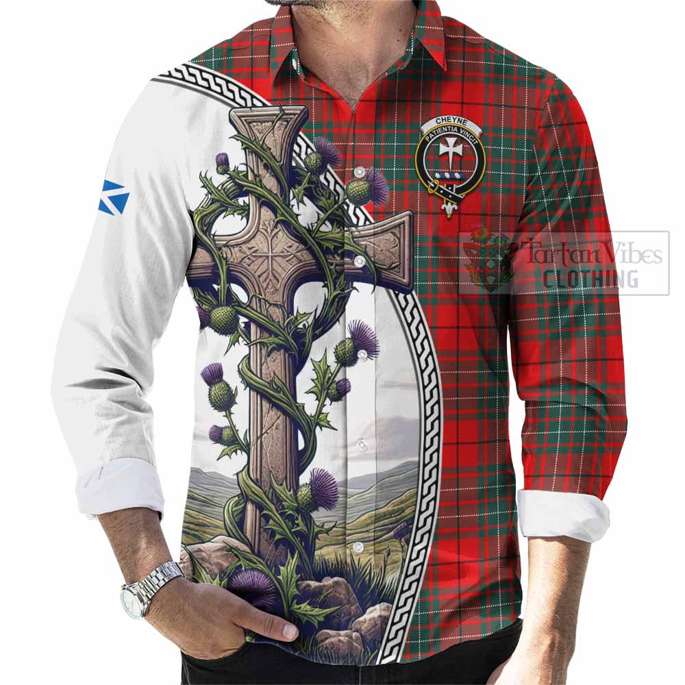 Tartan Vibes Clothing Cheyne Tartan Long Sleeve Button Shirt with Family Crest and St. Andrew's Cross Accented by Thistle Vines