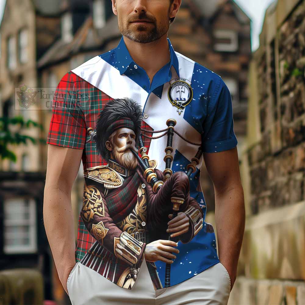 Tartan Vibes Clothing Cheyne Tartan Short Sleeve Button Shirt with Family Crest Scottish Bagpiper Vibes