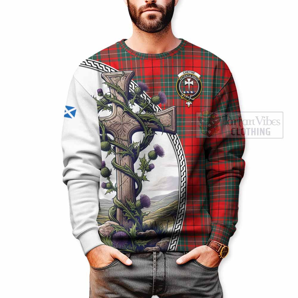 Tartan Vibes Clothing Cheyne Tartan Sweatshirt with Family Crest and St. Andrew's Cross Accented by Thistle Vines