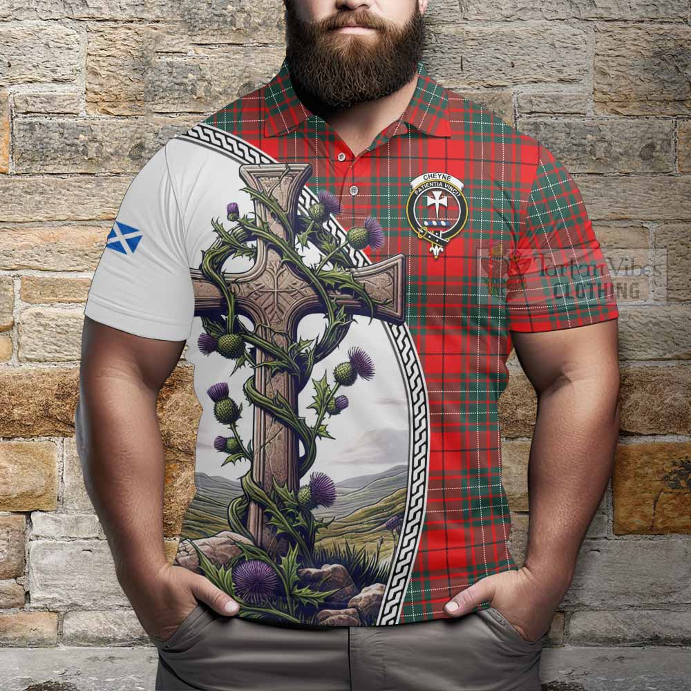 Tartan Vibes Clothing Cheyne Tartan Polo Shirt with Family Crest and St. Andrew's Cross Accented by Thistle Vines