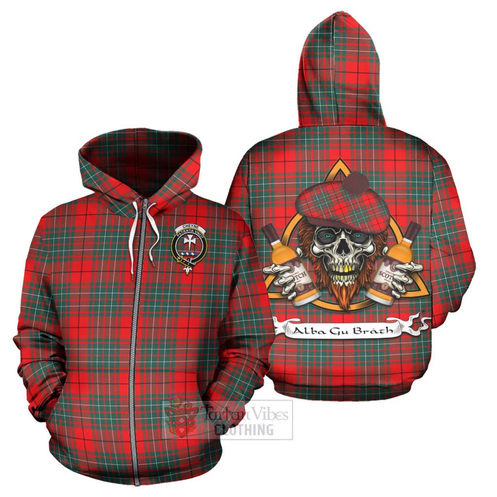 Tartan Vibes Clothing Cheyne Tartan Hoodie with Family Crest and Bearded Skull Holding Bottles of Whiskey