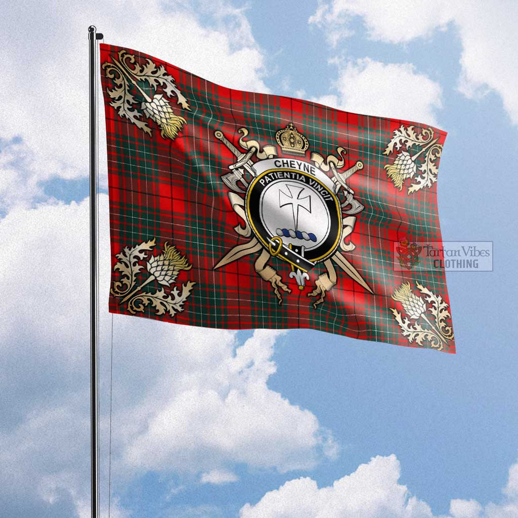 Tartan Vibes Clothing Cheyne Tartan Flag with Family Crest and Golden Thistle Crossed Sword Design