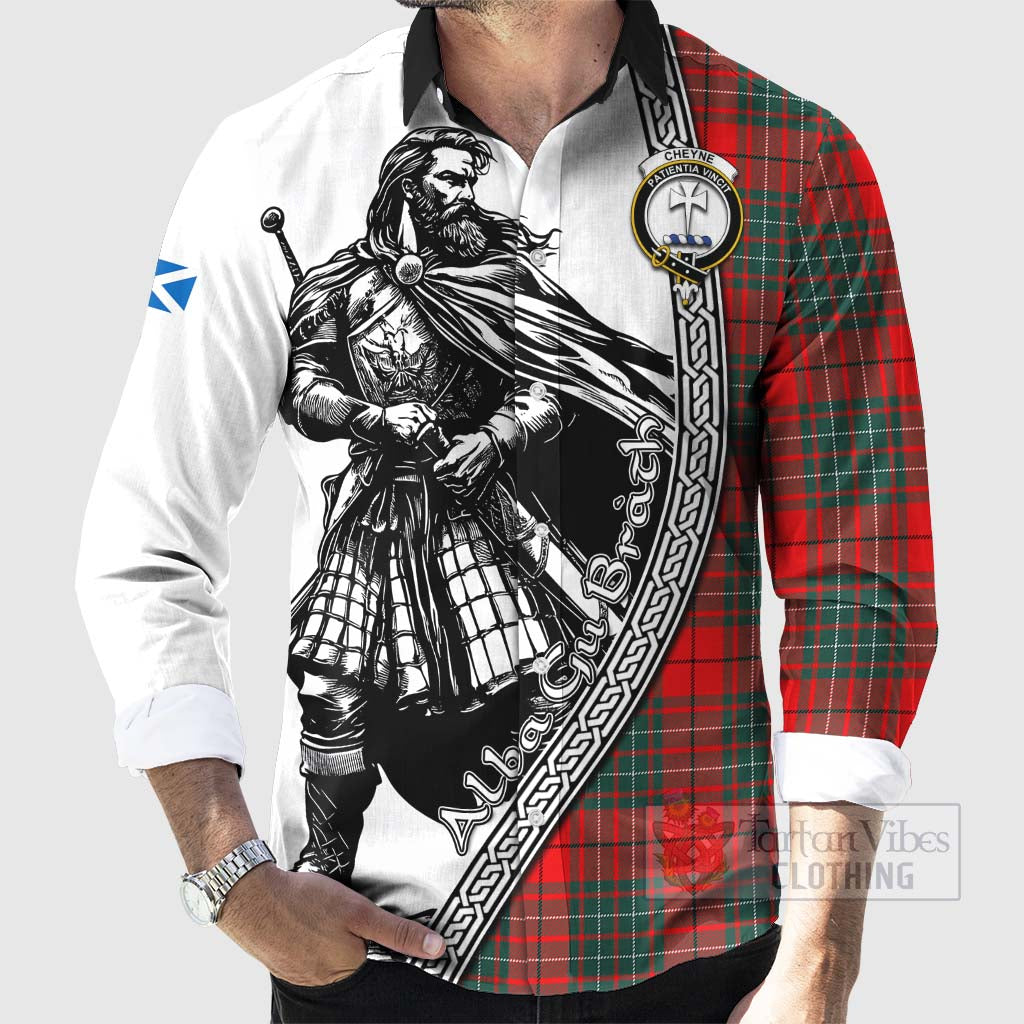 Tartan Vibes Clothing Cheyne Tartan Clan Crest Long Sleeve Button Shirt with Highlander Warrior Celtic Style