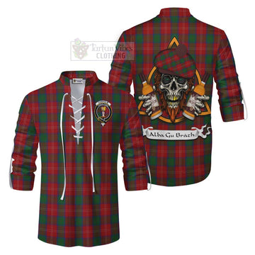 Chisholm Tartan Ghillie Kilt Shirt with Family Crest and Bearded Skull Holding Bottles of Whiskey