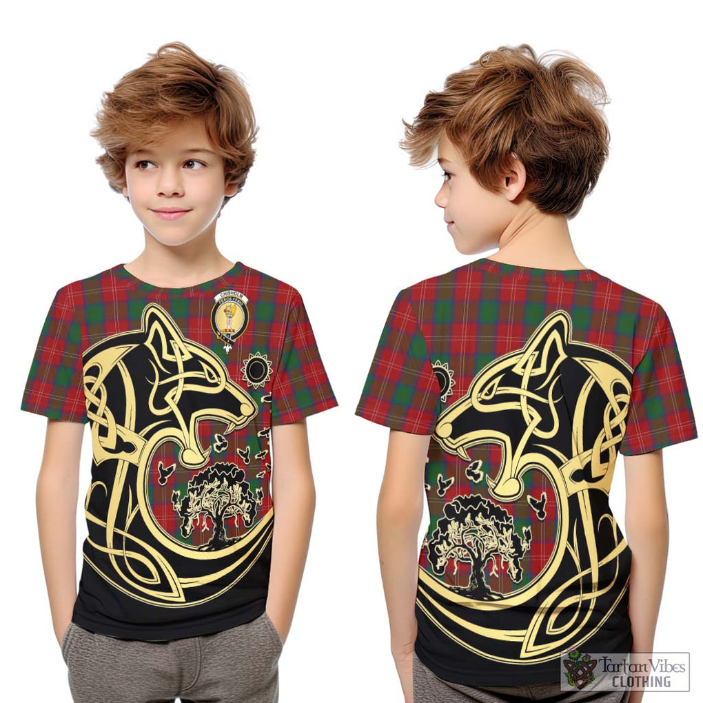 Chisholm Tartan Kid T-Shirt with Family Crest Celtic Wolf Style Youth XL Size14 - Tartan Vibes Clothing