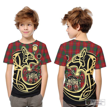 Chisholm Tartan Kid T-Shirt with Family Crest Celtic Wolf Style