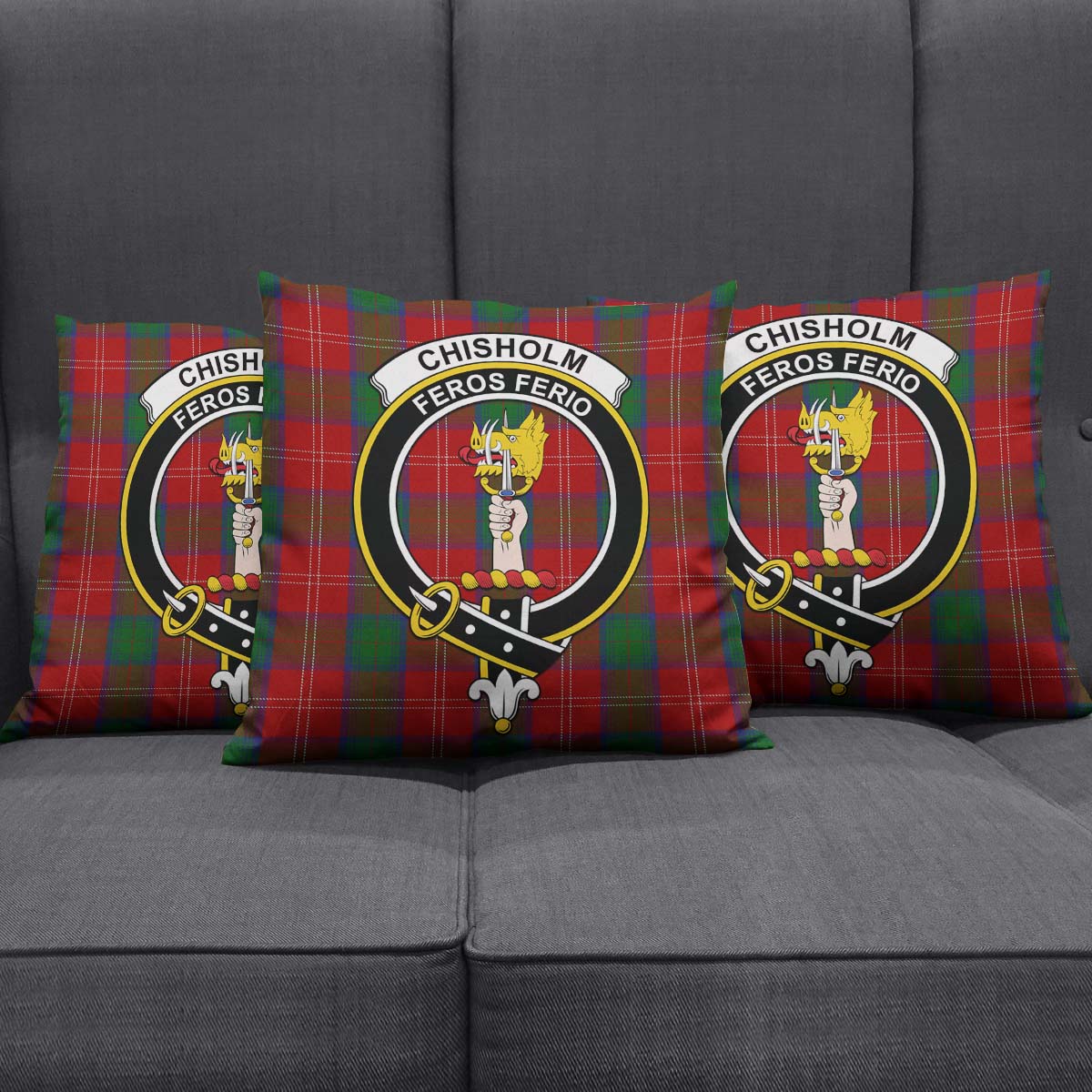 Chisholm Tartan Pillow Cover with Family Crest Square Pillow Cover - Tartanvibesclothing