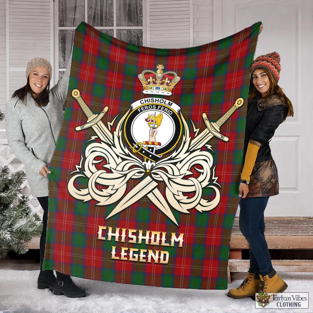 Tartan Vibes Clothing Chisholm Tartan Blanket with Clan Crest and the Golden Sword of Courageous Legacy