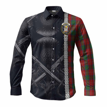 Chisholm Tartan Long Sleeve Button Shirt with Family Crest Cross Sword Thistle Celtic Vibes