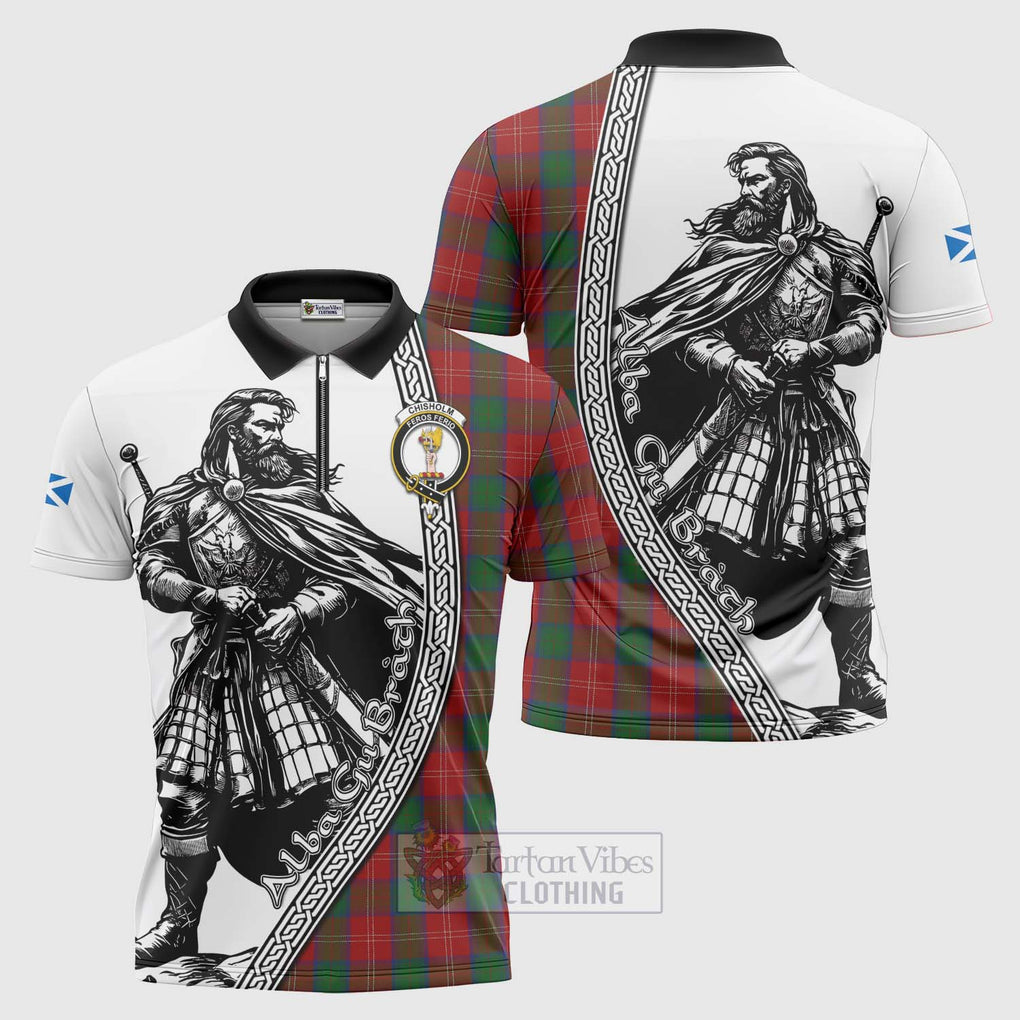 Tartan Vibes Clothing Chisholm Tartan Clan Crest Zipper Polo Shirt with Highlander Warrior Celtic Style