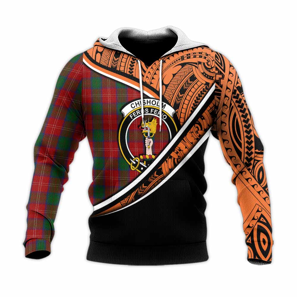 Tartan Vibes Clothing Chisholm Crest Tartan Knitted Hoodie with Maori Tattoo Style - Orange Version