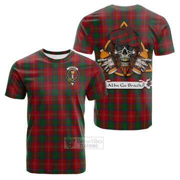 Chisholm Tartan Cotton T-shirt with Family Crest and Bearded Skull Holding Bottles of Whiskey