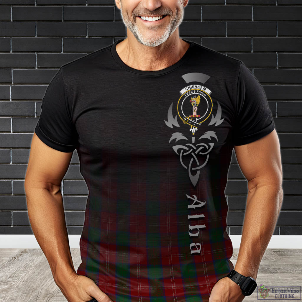 Tartan Vibes Clothing Chisholm Tartan T-Shirt Featuring Alba Gu Brath Family Crest Celtic Inspired