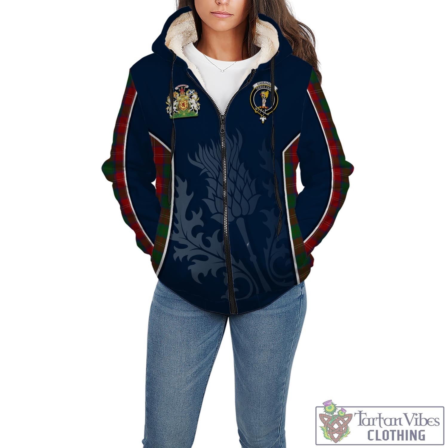 Tartan Vibes Clothing Chisholm Tartan Sherpa Hoodie with Family Crest and Scottish Thistle Vibes Sport Style