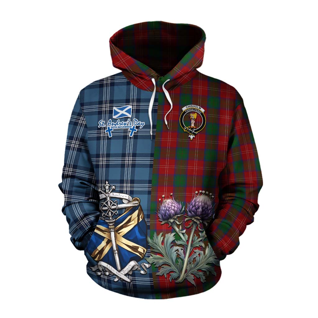 Tartan Vibes Clothing Chisholm Tartan Cotton Hoodie Happy St. Andrew's Day Half Tartan Style