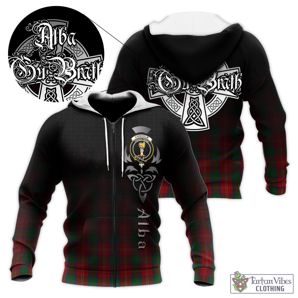 Tartan Vibes Clothing Chisholm Tartan Knitted Hoodie Featuring Alba Gu Brath Family Crest Celtic Inspired