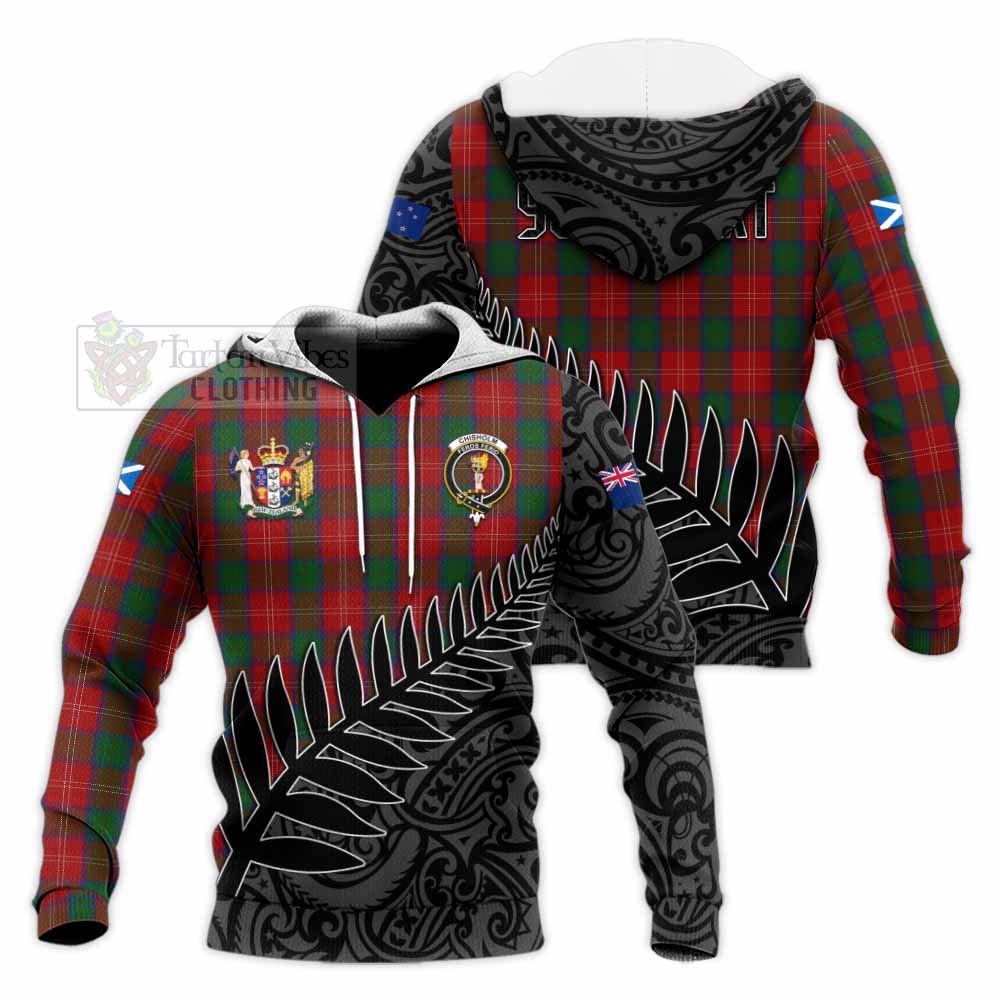 Tartan Vibes Clothing Chisholm Crest Tartan Knitted Hoodie with New Zealand Silver Fern Half Style