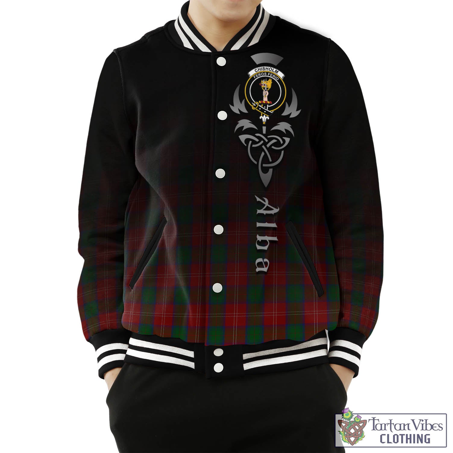 Tartan Vibes Clothing Chisholm Tartan Baseball Jacket Featuring Alba Gu Brath Family Crest Celtic Inspired