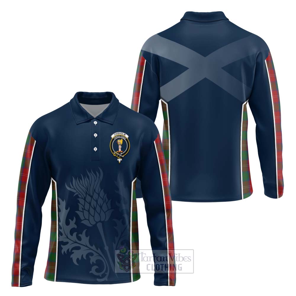 Tartan Vibes Clothing Chisholm Tartan Long Sleeve Polo Shirt with Family Crest and Scottish Thistle Vibes Sport Style