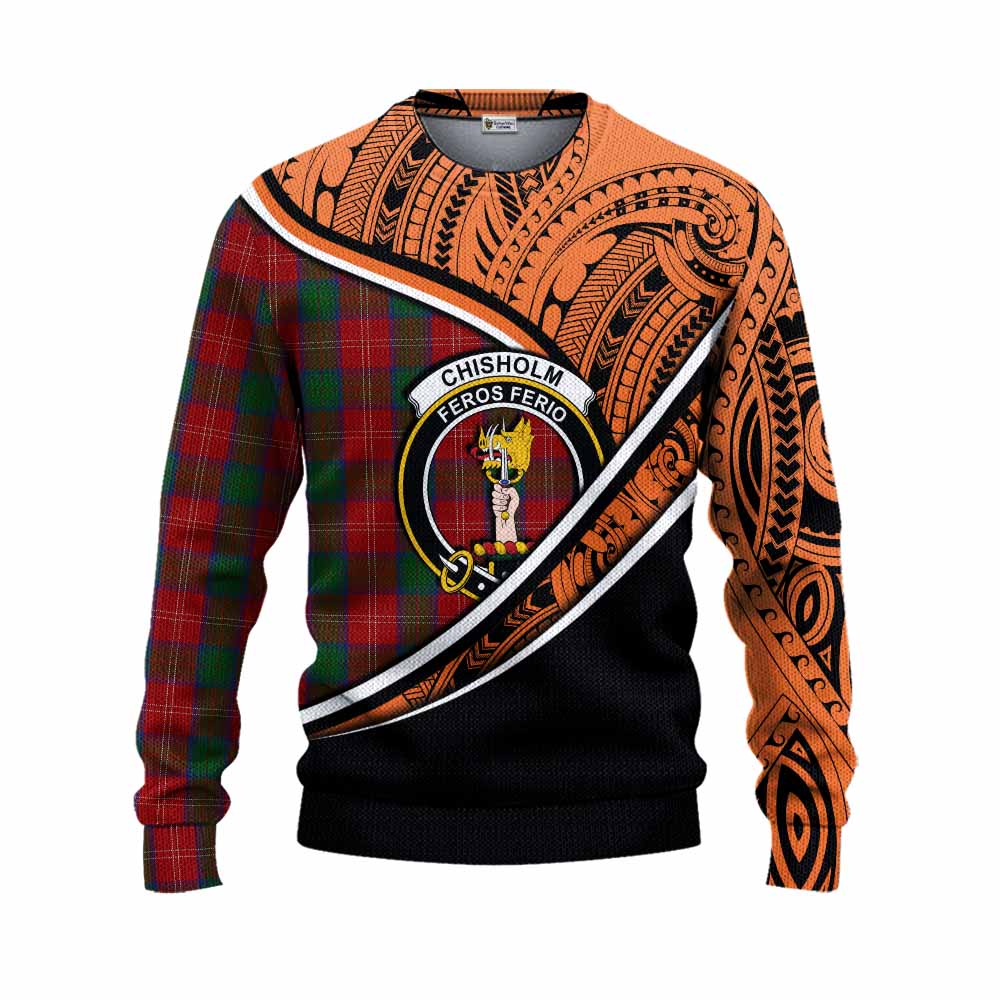 Tartan Vibes Clothing Chisholm Crest Tartan Knitted Sweater with Maori Tattoo Style - Orange Version