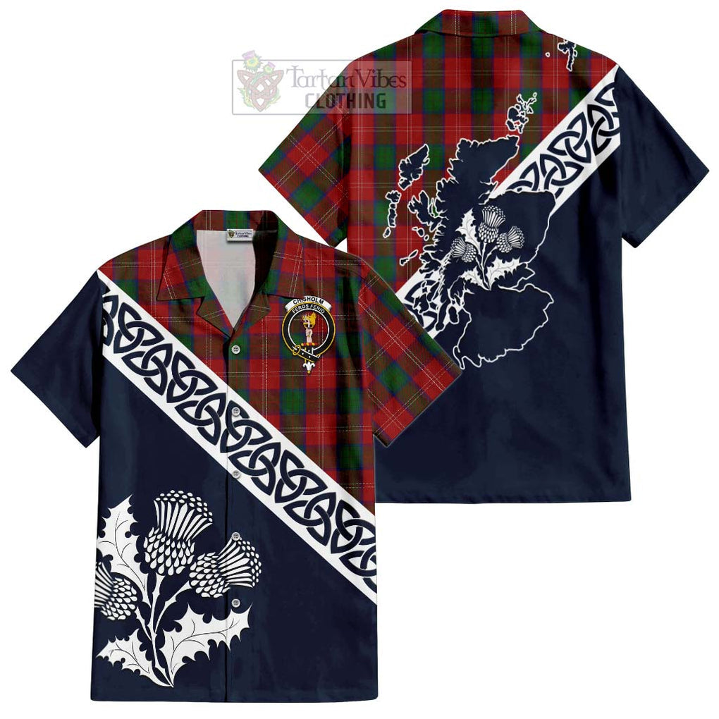 Tartan Vibes Clothing Chisholm Tartan Short Sleeve Button Shirt Featuring Thistle and Scotland Map