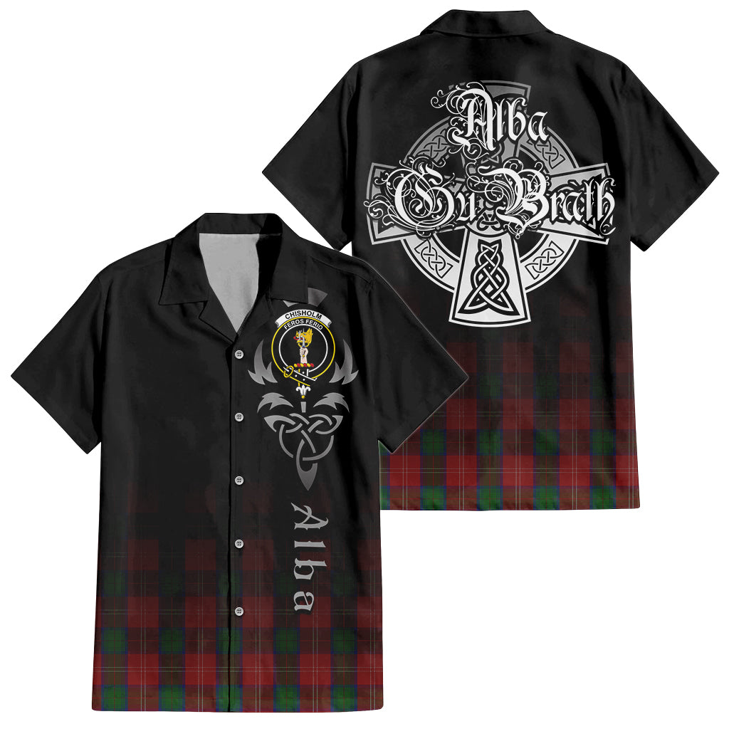 Tartan Vibes Clothing Chisholm Tartan Short Sleeve Button Up Featuring Alba Gu Brath Family Crest Celtic Inspired