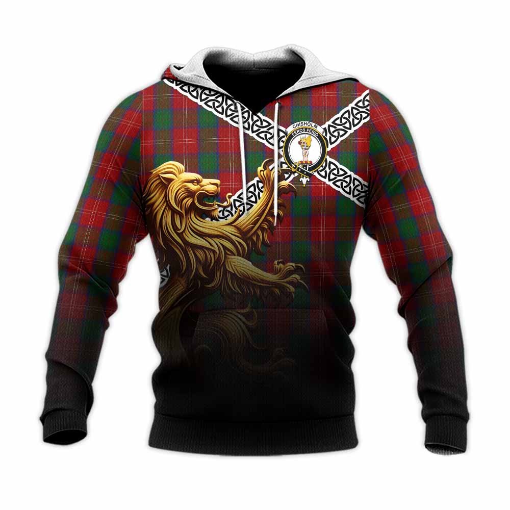 Chisholm Crest Tartan Knitted Hoodie with Golden Lion Emblem Celtic Style Unisex Knitted Pullover Hoodie - Tartan Vibes Clothing