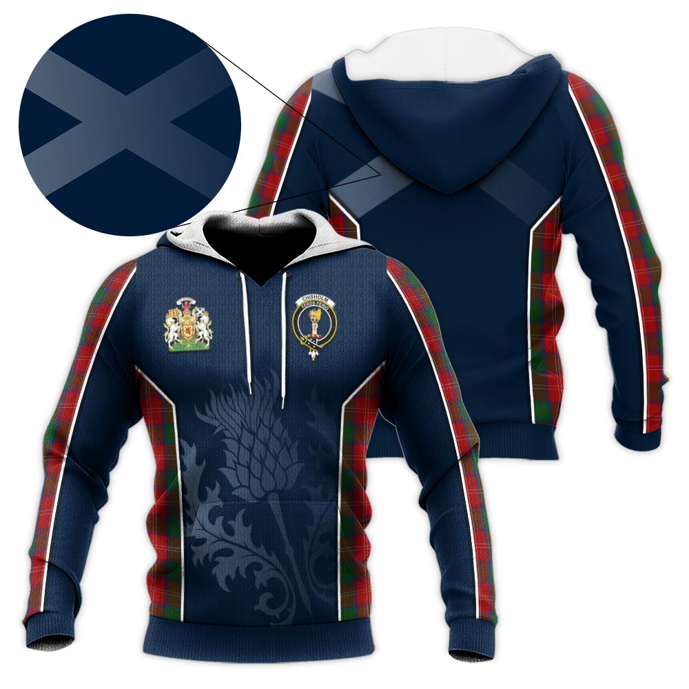 Tartan Vibes Clothing Chisholm Tartan Knitted Hoodie with Family Crest and Scottish Thistle Vibes Sport Style