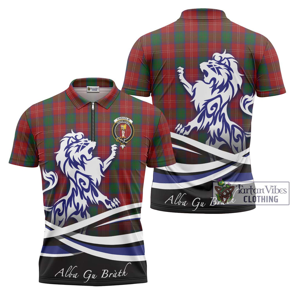 Chisholm Tartan Zipper Polo Shirt with Alba Gu Brath Regal Lion Emblem Unisex - Tartanvibesclothing Shop