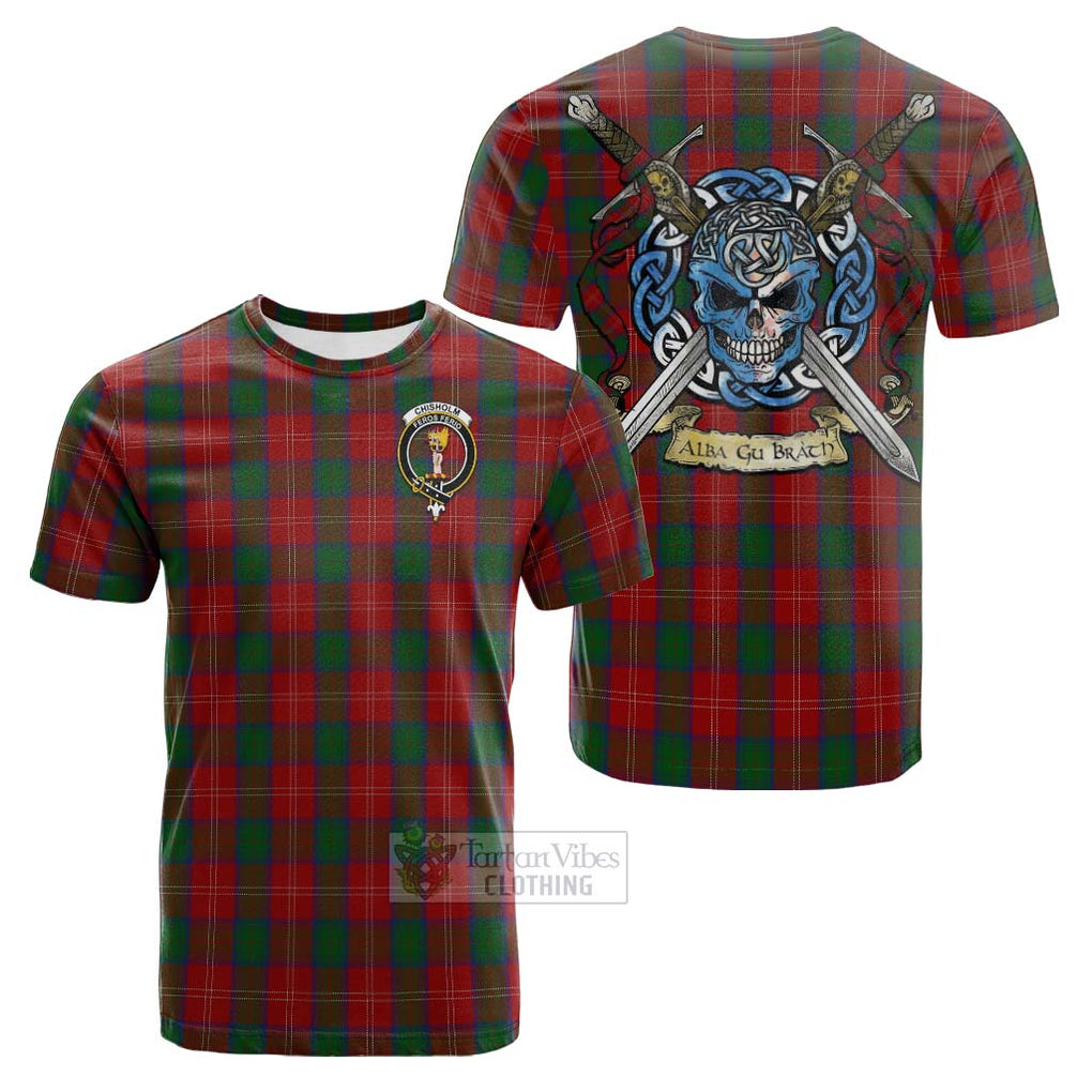 Tartan Vibes Clothing Chisholm Tartan Cotton T-shirt with Family Crest Celtic Skull Style