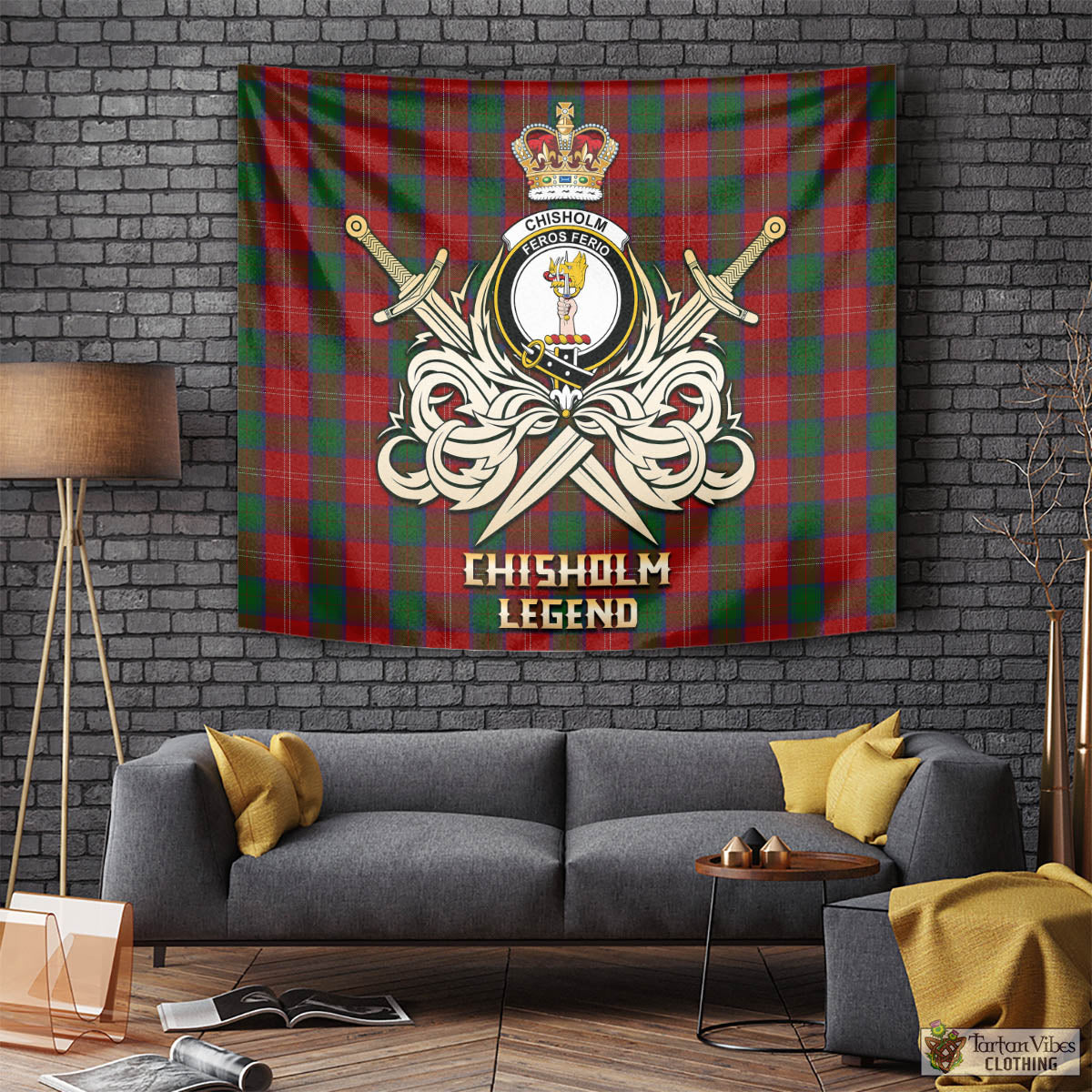 Tartan Vibes Clothing Chisholm Tartan Tapestry with Clan Crest and the Golden Sword of Courageous Legacy