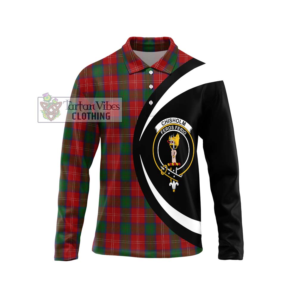 Chisholm Tartan Long Sleeve Polo Shirt with Family Crest Circle Style Unisex - Tartan Vibes Clothing