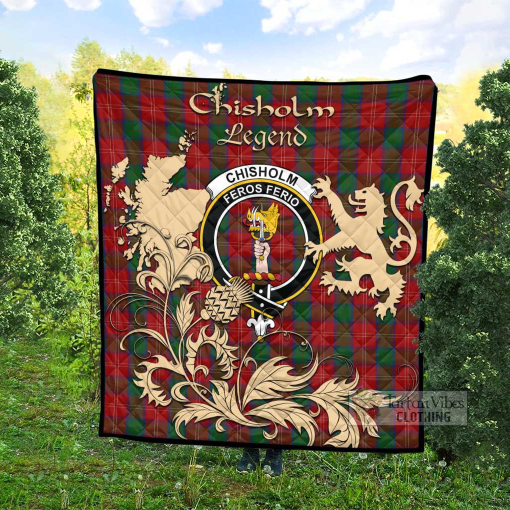 Tartan Vibes Clothing Chisholm Tartan Quilt with Family Crest and Scottish Symbol Style