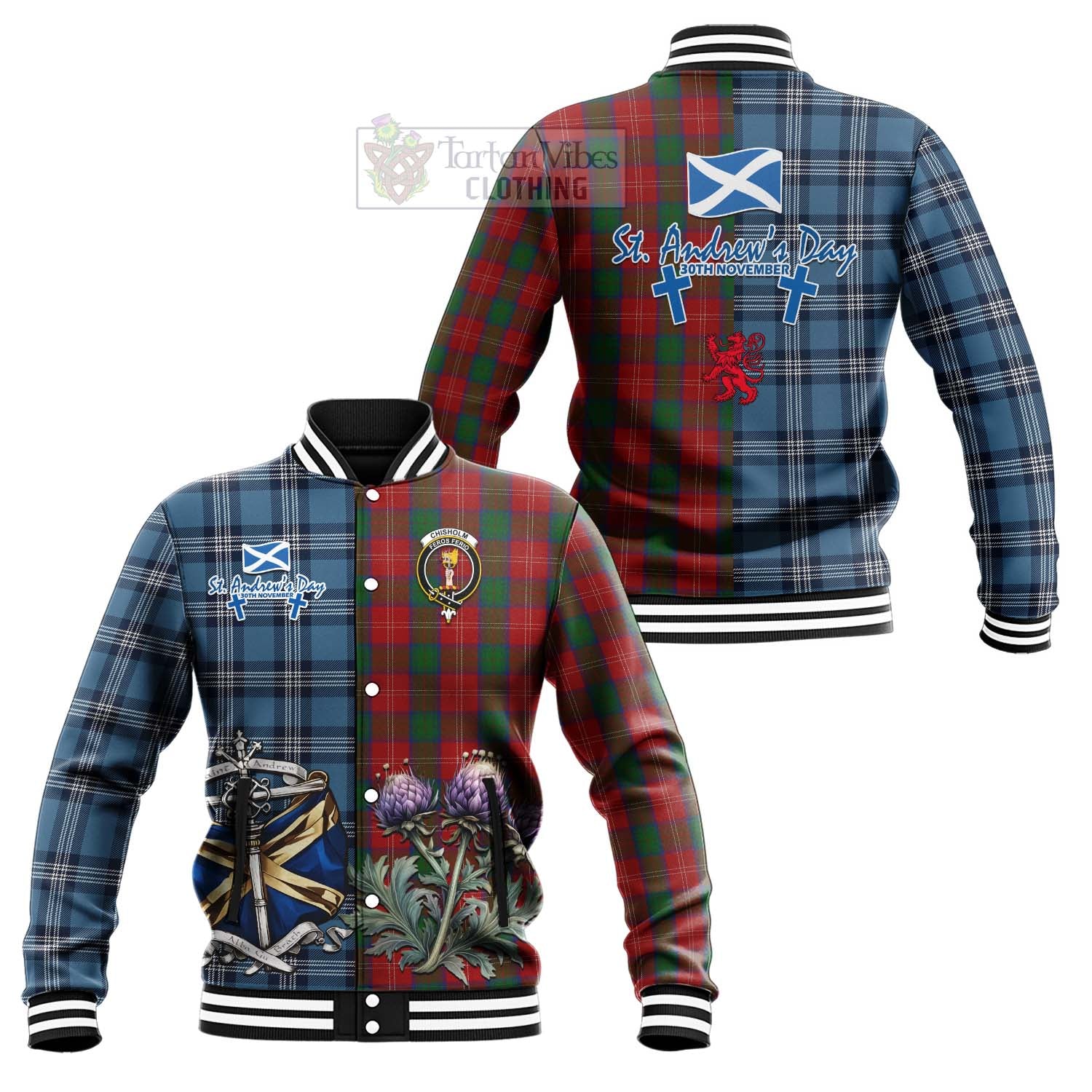 Tartan Vibes Clothing Chisholm Tartan Baseball Jacket Happy St. Andrew's Day Half Tartan Style