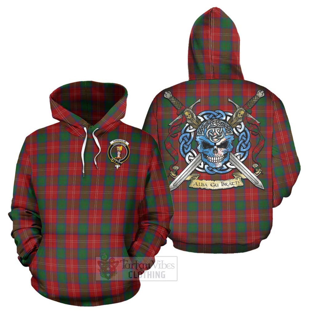 Tartan Vibes Clothing Chisholm Tartan Hoodie with Family Crest Celtic Skull Style