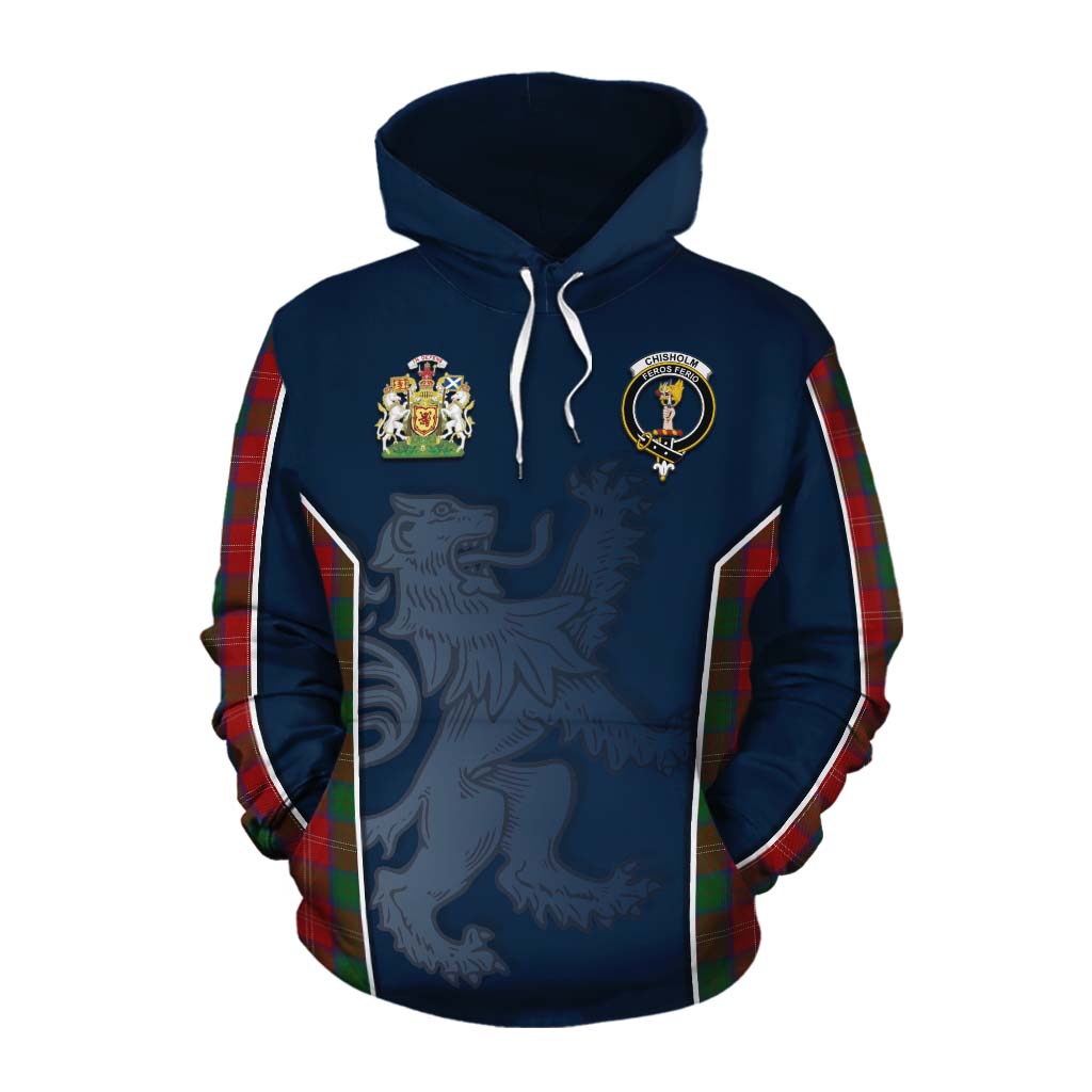 Tartan Vibes Clothing Chisholm Tartan Cotton Hoodie with Family Crest and Lion Rampant Vibes Sport Style