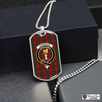 Chisholm Tartan Dog Tag Necklace with Family Crest