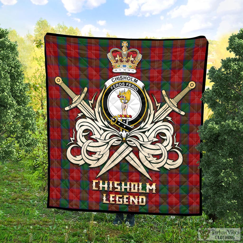 Tartan Vibes Clothing Chisholm Tartan Quilt with Clan Crest and the Golden Sword of Courageous Legacy