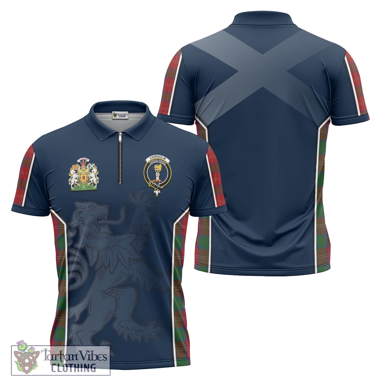 Tartan Vibes Clothing Chisholm Tartan Zipper Polo Shirt with Family Crest and Lion Rampant Vibes Sport Style