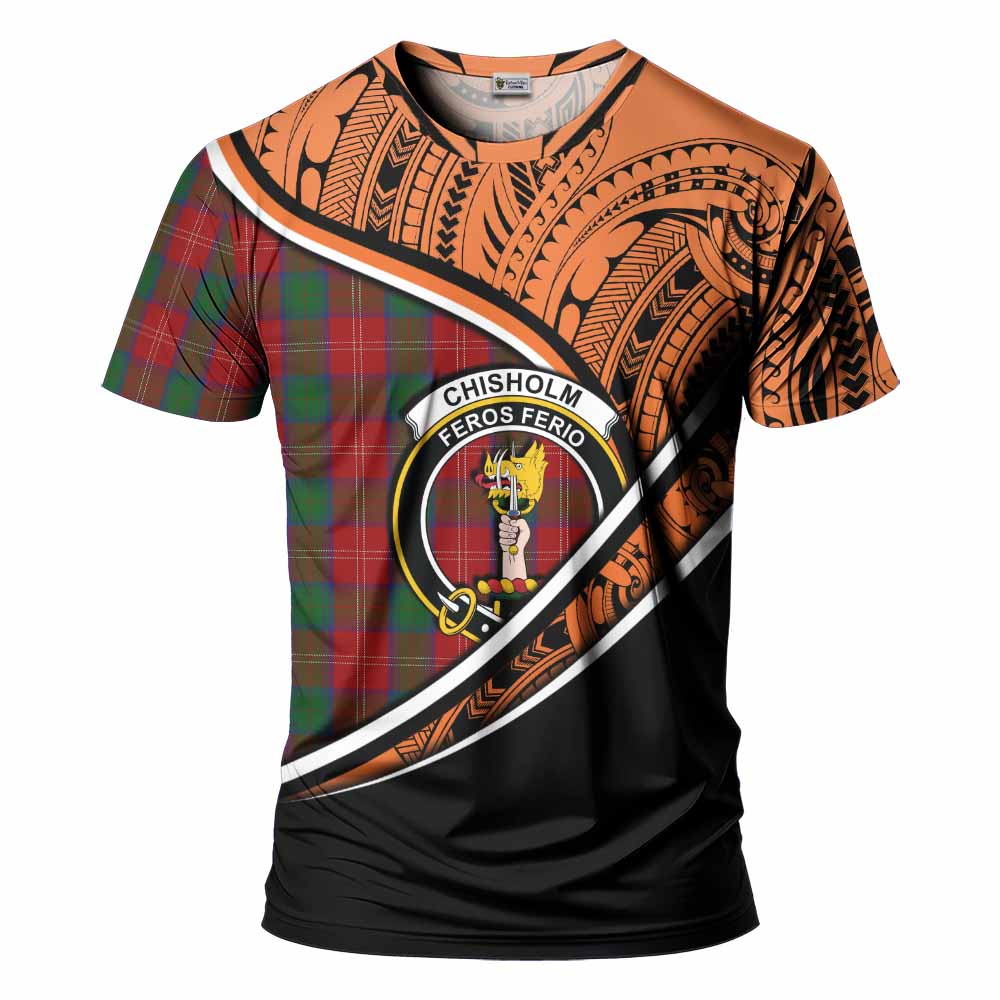 Tartan Vibes Clothing Chisholm Crest Tartan T-Shirt with Maori Tattoo Style - Orange Version