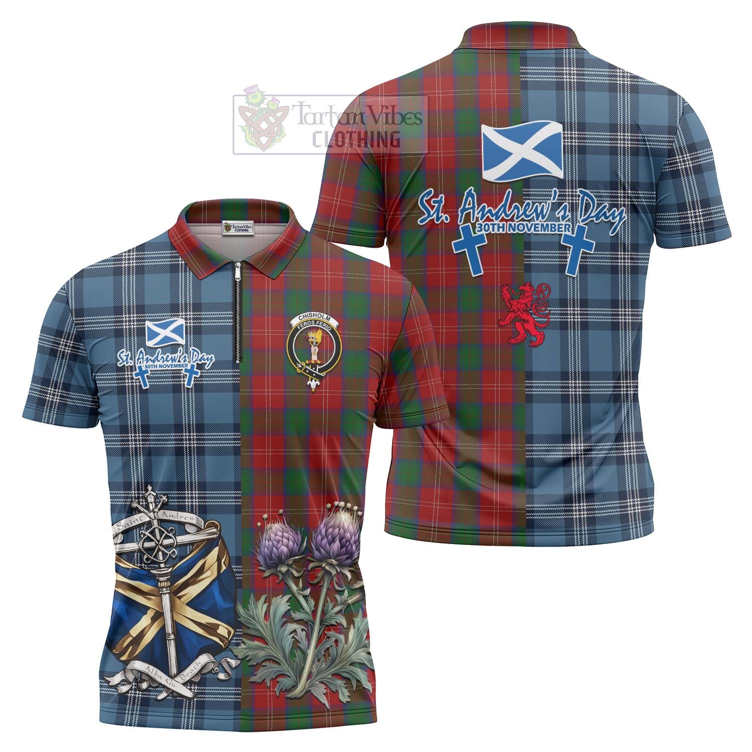 Tartan Vibes Clothing Chisholm Tartan Zipper Polo Shirt Happy St. Andrew's Day Half Tartan Style