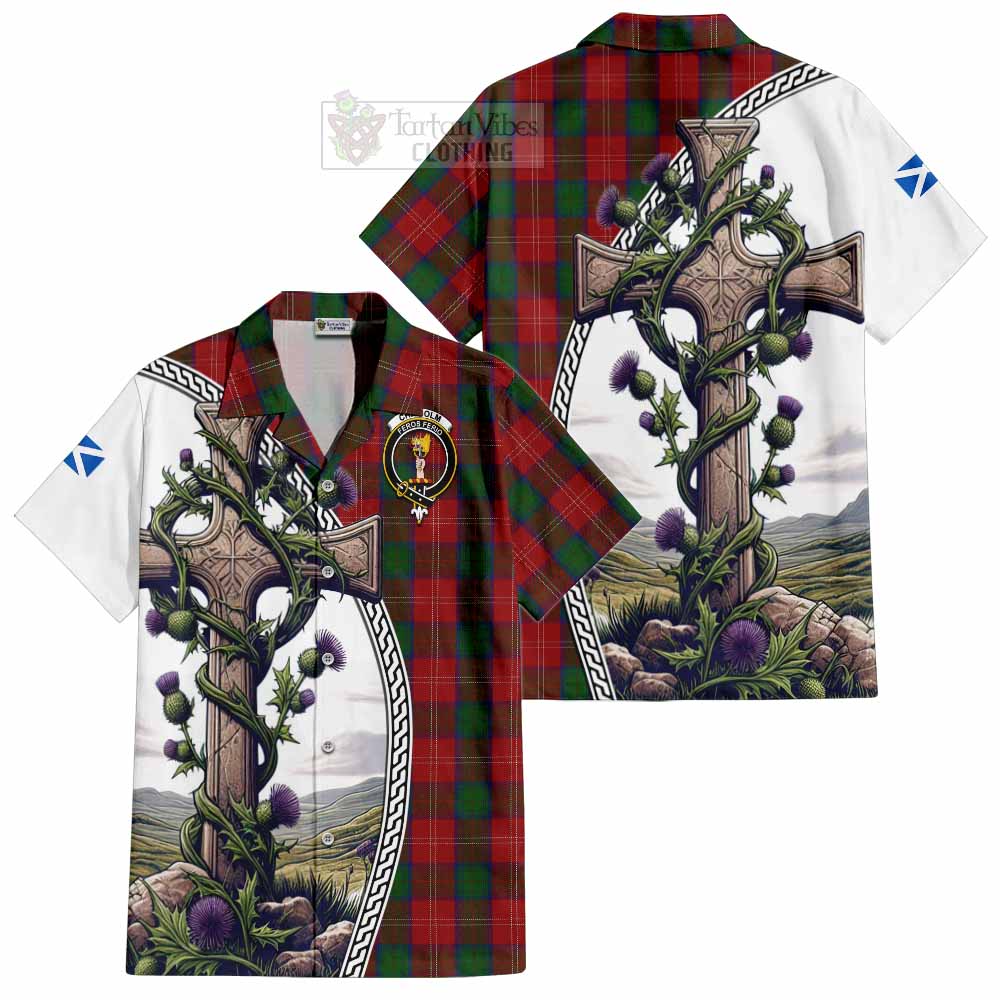 Tartan Vibes Clothing Chisholm Tartan Short Sleeve Button Shirt with Family Crest and St. Andrew's Cross Accented by Thistle Vines