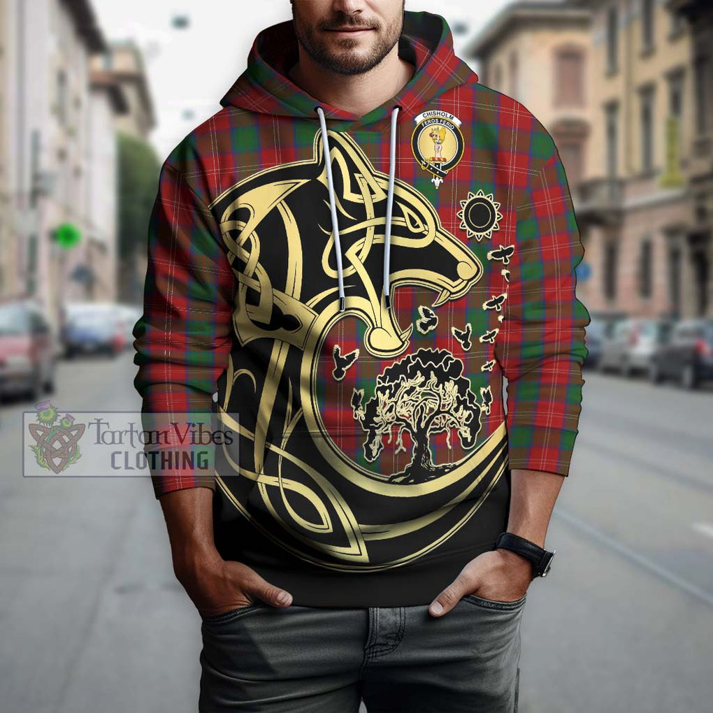 Chisholm Tartan Hoodie with Family Crest Celtic Wolf Style Zip Hoodie - Tartan Vibes Clothing