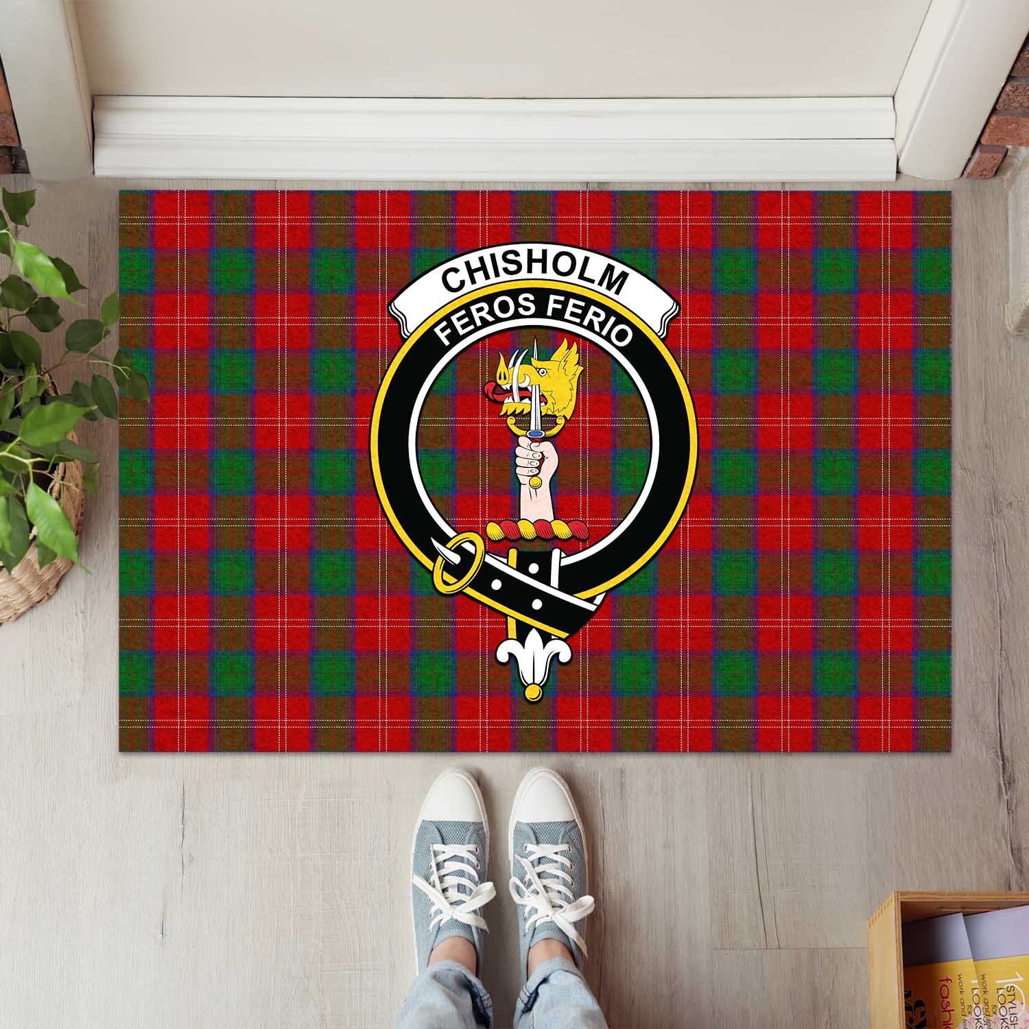 Chisholm Tartan Door Mat with Family Crest - Tartanvibesclothing