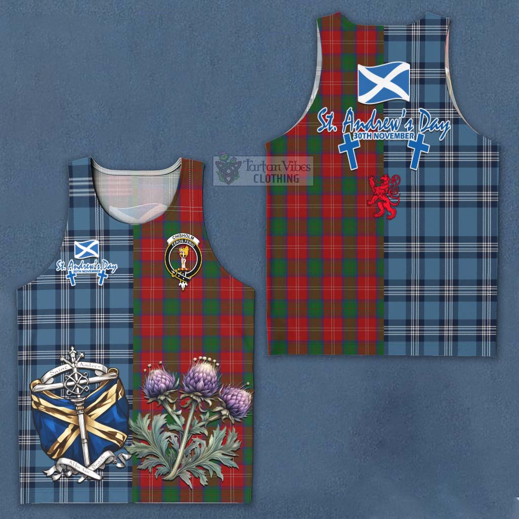 Tartan Vibes Clothing Chisholm Tartan Men's Tank Top Happy St. Andrew's Day Half Tartan Style