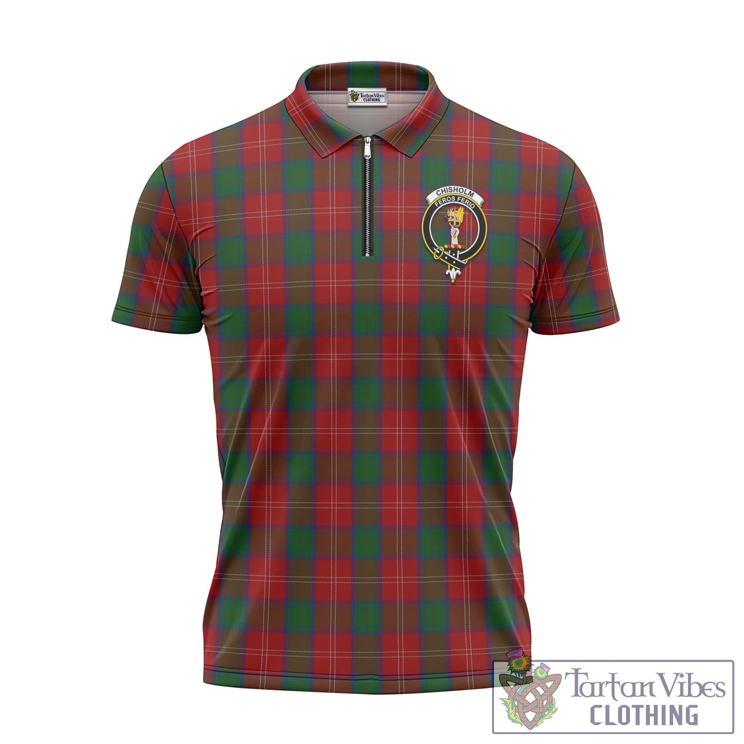 Tartan Vibes Clothing Chisholm Tartan Zipper Polo Shirt with Family Crest