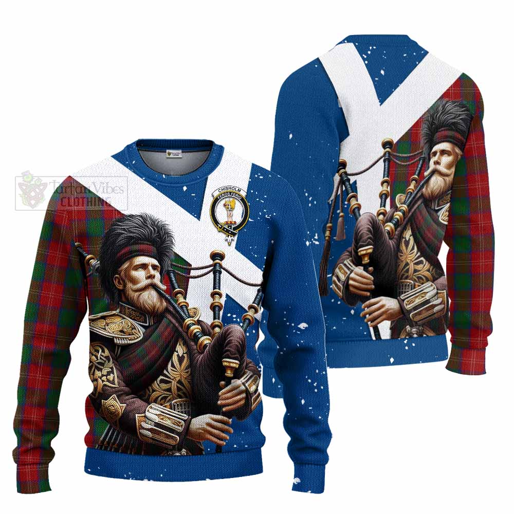 Tartan Vibes Clothing Chisholm Tartan Knitted Sweater with Family Crest Scottish Bagpiper Vibes