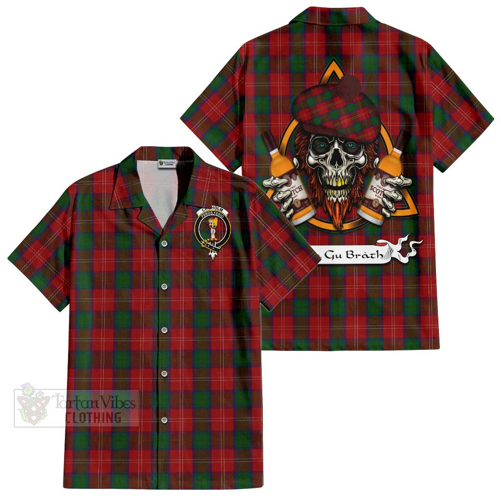 Tartan Vibes Clothing Chisholm Tartan Short Sleeve Button Shirt with Family Crest and Bearded Skull Holding Bottles of Whiskey